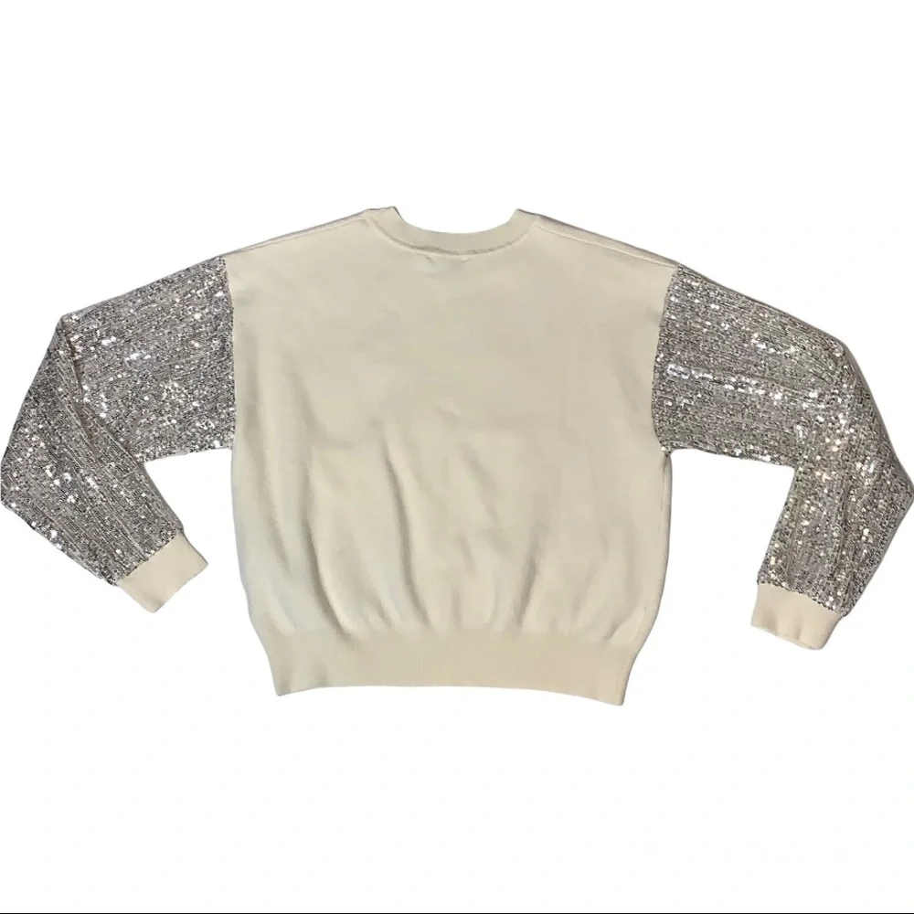 LUSH Sequin Sleeve Sweater Silver Cream Coquette Comfy Cozy Winter Sparkly Small - Picture 6 of 15